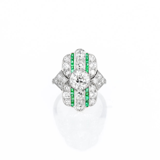 Art Deco Inspired 1.31 Carat Old European Diamond Emerald Ring