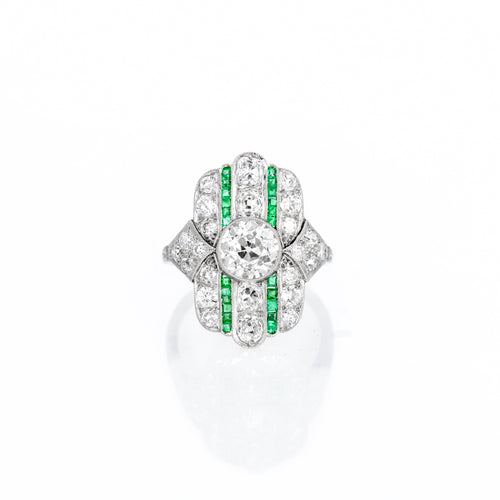 Art Deco Inspired 1.31 Carat Old European Diamond Emerald Ring - Queen May