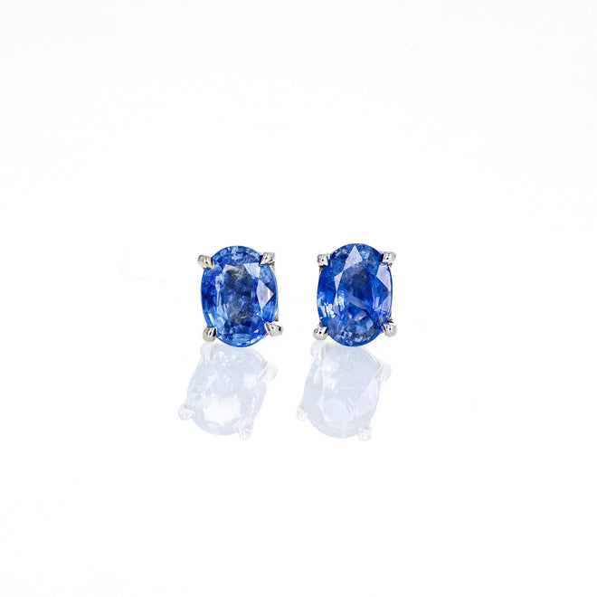 14K White Gold 2.62 Carat Oval Natural No Heat Sapphire Stud Earrings