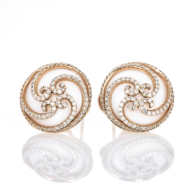 14K Rose Gold Mabe Pearl Diamond Swirl Omega Back Stud Earrings