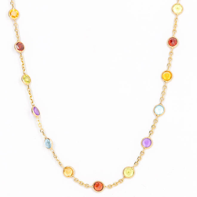 14K Yellow Gold Rainbow Gemstone Bezel Station Necklace