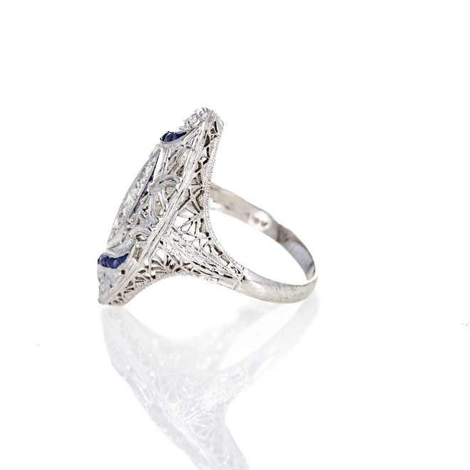 Art Deco Old European Diamond Synthetic Sapphire Filigree Shield Ring
