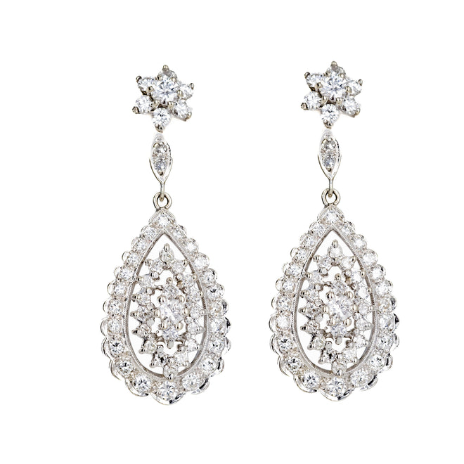 14K White Gold 2 Carat Diamond Flower Drop Earrings
