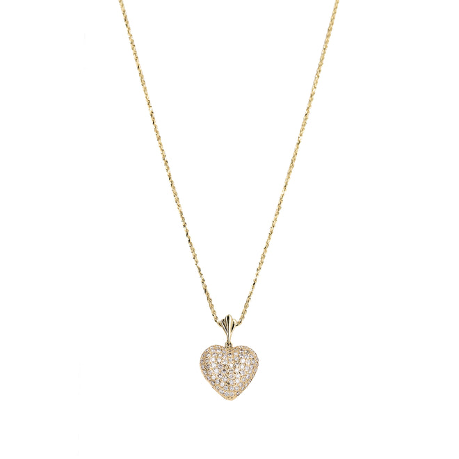14K Yellow Gold 2 Carat Diamond Pave Heart Pendant Necklace