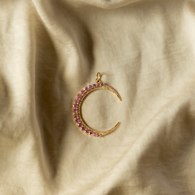 Vintage Inspired Crescent Moon Pendant Charm Pink Sapphire - Queen May