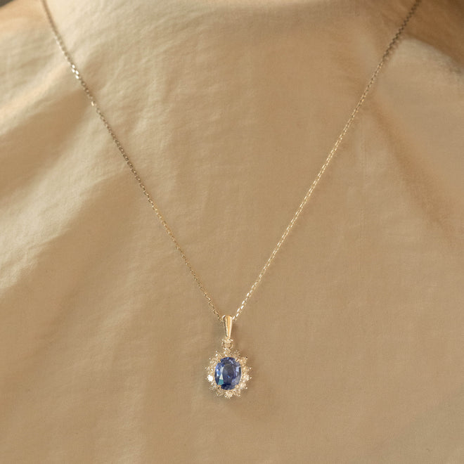 1.34 Carat Oval Natural Sapphire Diamond Halo Pendant Necklace - Queen May