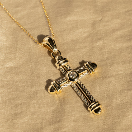 14K Two Tone Gold Diamond Cross Pendant Necklace - Queen May