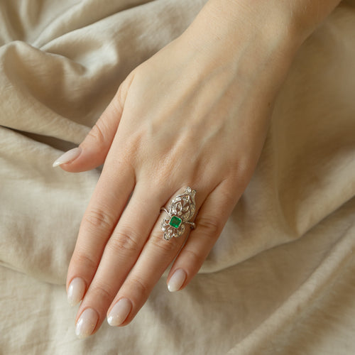 Art Deco 0.50 Carat Natural Emerald Diamond Conversion Ring - Queen May