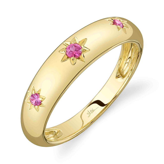 14K Yellow Gold 0.11 Carat Pink Sapphire Starburst Gypsy Ring - Queen May