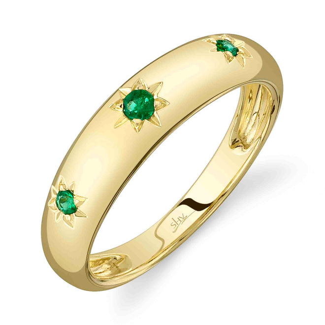 14K Yellow Gold 0.09 Carat Emerald Starburst Gypsy Ring - Queen May