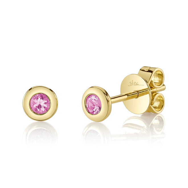 14K Gold 0.14 Carat Round Pink Sapphire Bezel Stud Earrings - Queen May