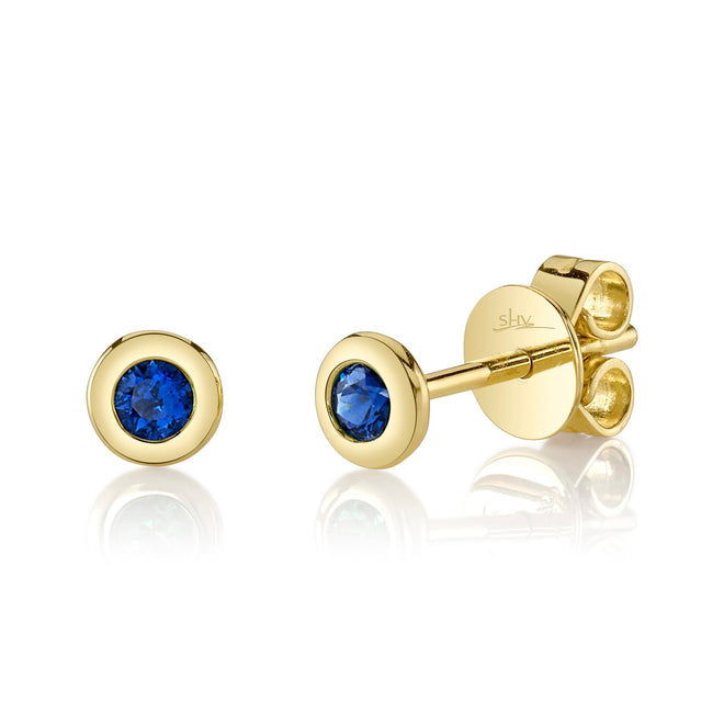 14K Gold 0.14 Carat Round Sapphire Bezel Stud Earrings - Queen May