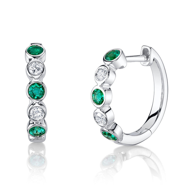 14K Gold Round Emerald Diamond Bezel Huggie Earrings - Queen May