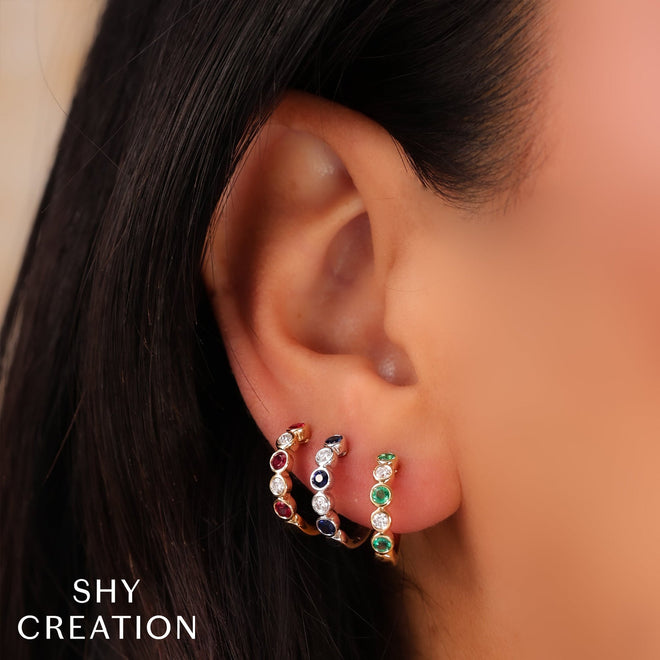 14K Gold Round Sapphire Diamond Bezel Huggie Earrings - Queen May