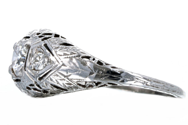 Art Deco 18K White Gold 0.45 Carat Round Brilliant Diamond Engagement Ring - Queen May