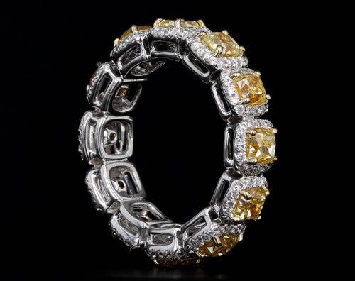 18K White Gold 4.77 Carat Total Weight Fancy Yellow Cushion Diamond Halo Eternity Band - Queen May