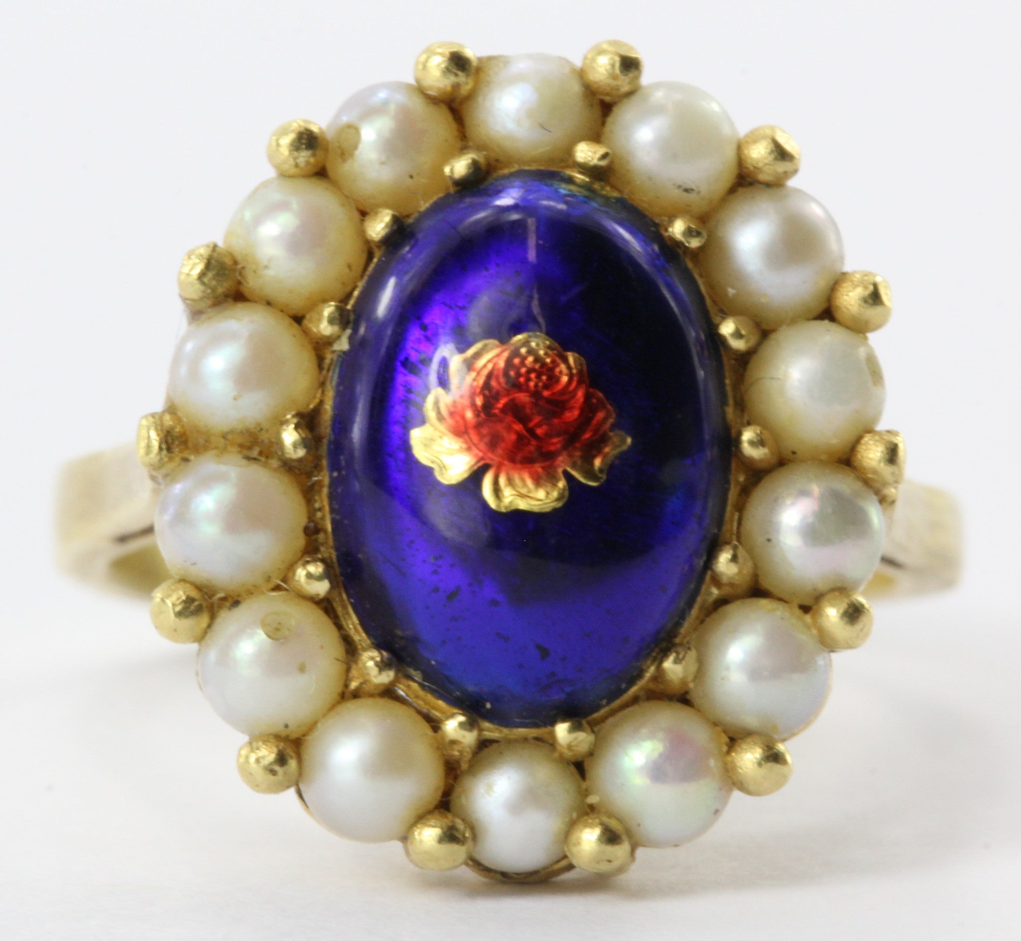 Vintage Italy 18K Yellow Gold Blue Enamel Gold Foil Rose & Pearl Halo –  QUEEN MAY