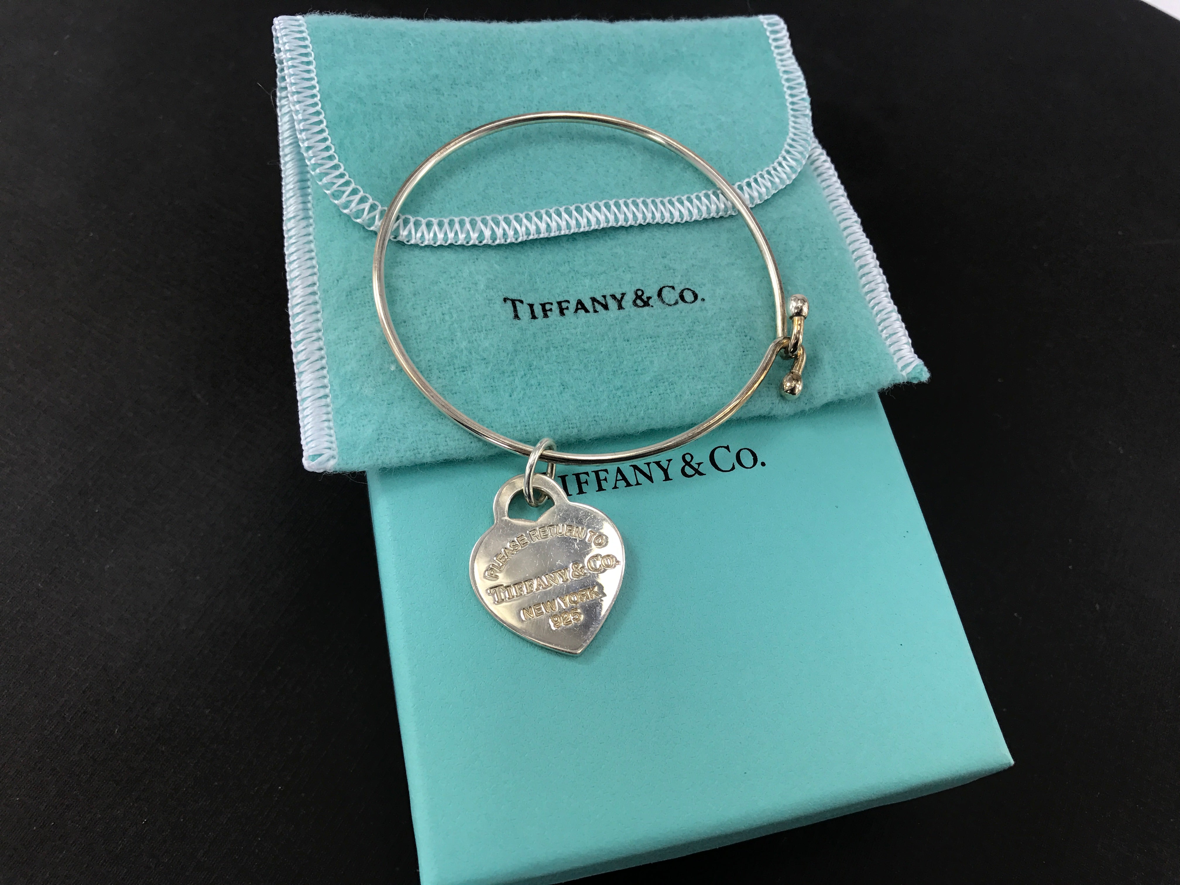 NEW Tiffany Co. Sterling Silver Wire Bangle Bracelet 4 Blue Enamel Gold  Charms