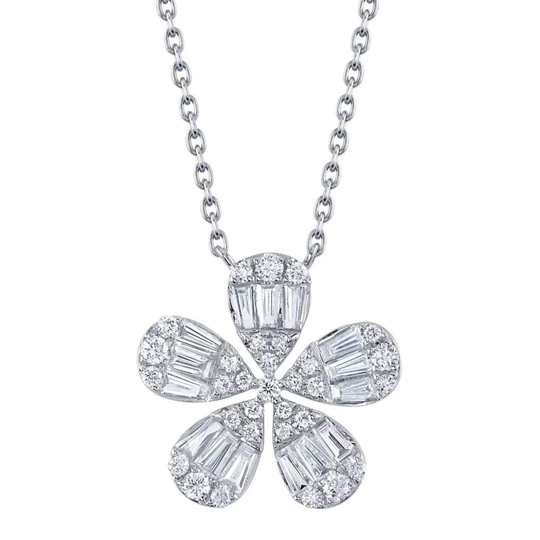 Diamond Flower Pendant with White Gold Necklace