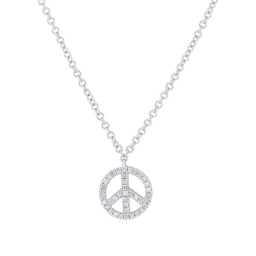 New 14K White Gold Mini Diamond Peace Sign Pendant Necklace - Queen May