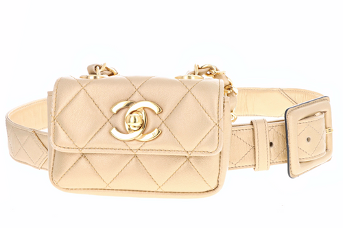 Rare Vintage Chanel Quilted Hanging Micro Belt Bag- Gold - Queen May