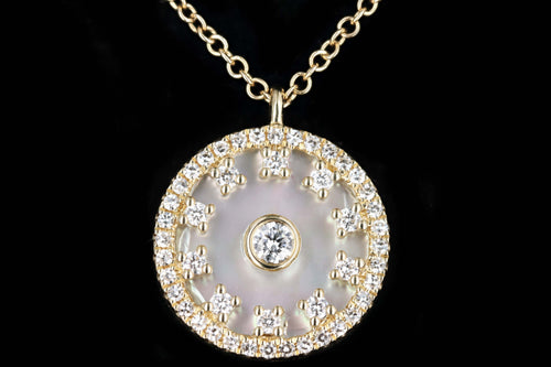 New 14K Yellow Gold 1.73 Carat Mother Of Pearl & Diamond Circle Pendant Necklace - Queen May