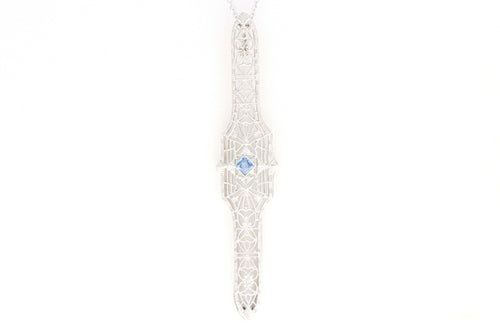 Art Deco 14K White Gold .12 Carat Natural Sapphire Bar Pin Conversion Pendant Necklace - Queen May
