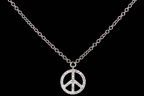 New 14K White Gold Mini Diamond Peace Sign Pendant Necklace - Queen May