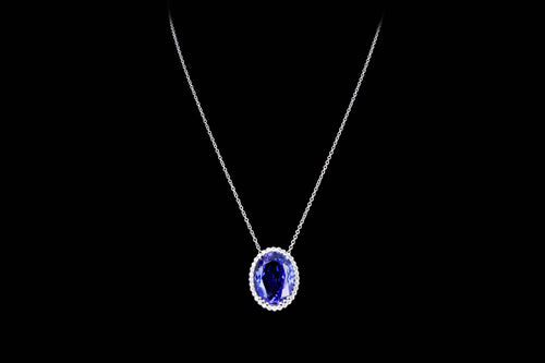 Platinum 28.65 Carat Oval Tanzanite & Diamond Halo Pendant Necklace - Queen May