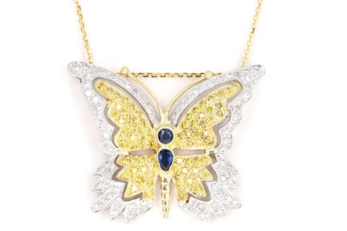 18K Yellow Gold 1.27 Carat Total Weight Sapphire & Yellow Diamond Butterfly Pendant Necklace - Queen May