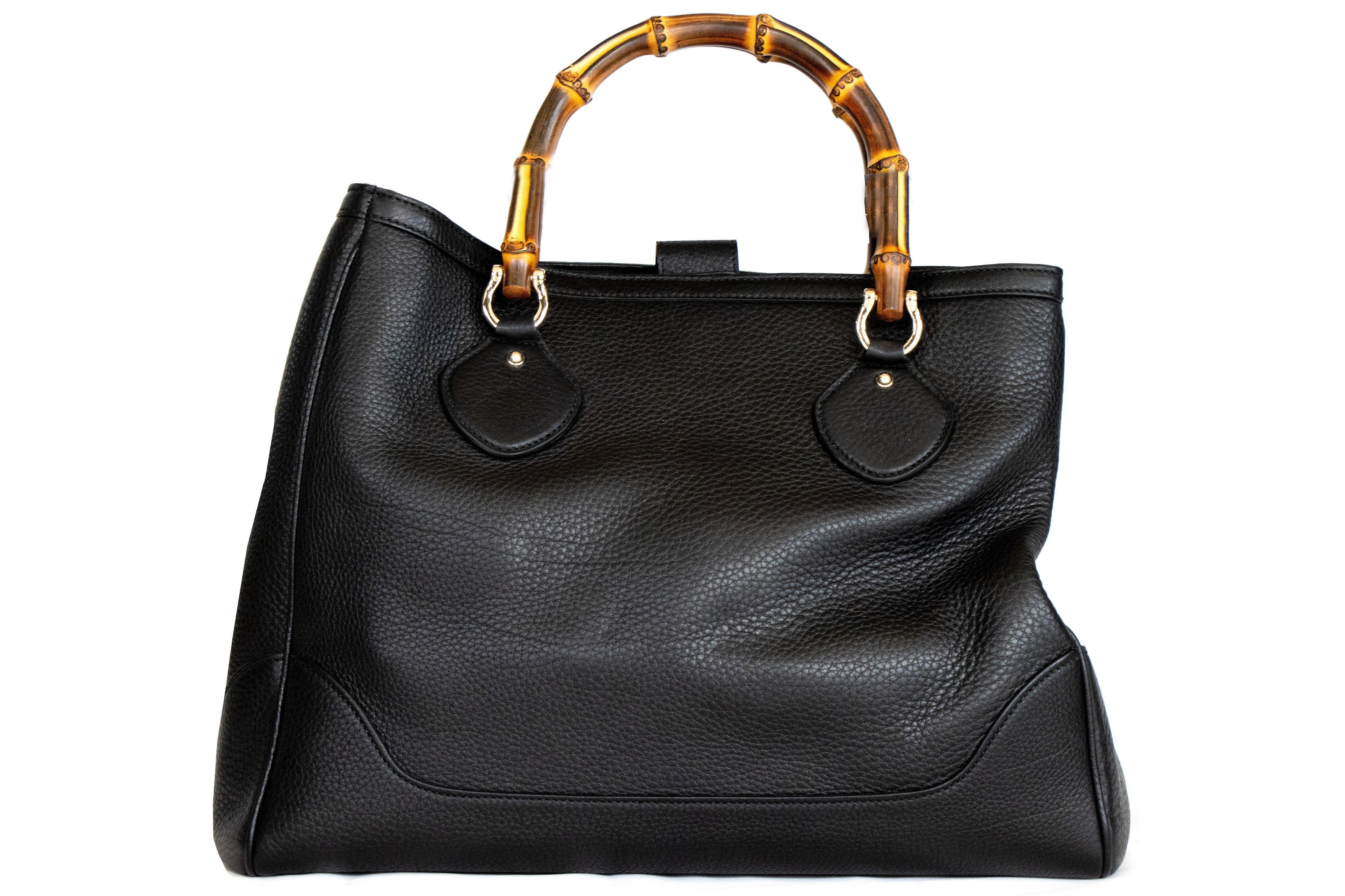 Gucci Vintage Black Leather Bamboo Princess Diana Top Handles Tote
