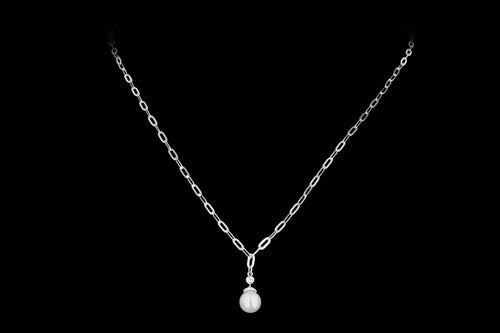 14K Gold Pearl & Diamond Paperclip Chain Pendant Necklace - Queen May