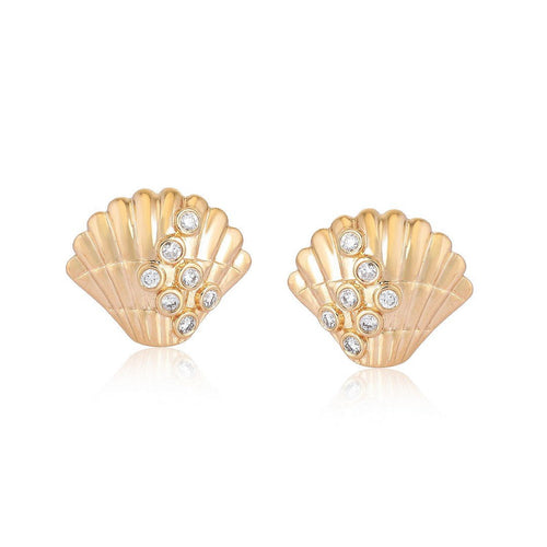 14K Yellow Gold Diamond Seashell Stud Earrings - Queen May