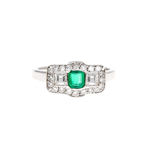 Art Deco 0.25 Carat Natural Emerald Asscher Diamond Ring in 14K White Gold - Queen May