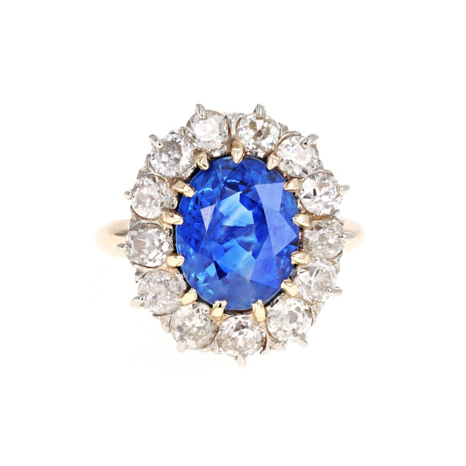 5.01 Carat Oval Natural No Heat Sapphire & Old European Diamond Halo Ring in 14K Gold GIA Certified - Queen May