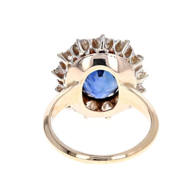 5.01 Carat Oval Natural No Heat Sapphire & Old European Diamond Halo Ring in 14K Gold GIA Certified - Queen May