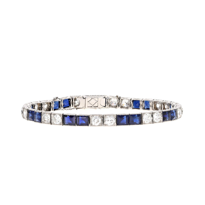 Art Deco French Platinum Natural No Heat Sapphire Old European Diamond Bracelet - Queen May