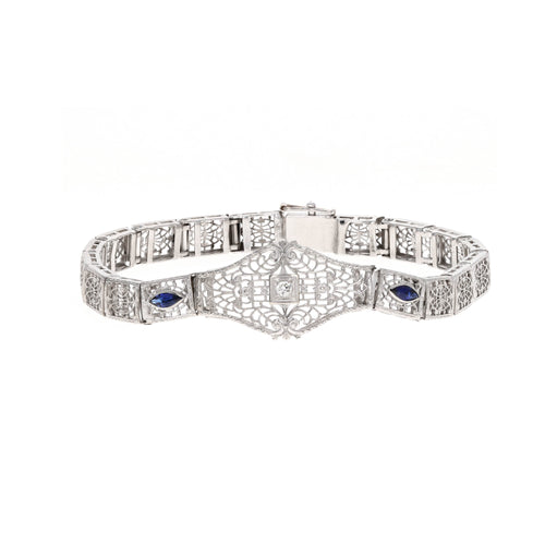 Art Deco 14K White Gold Diamond Synthetic Sapphire Bracelet - Queen May