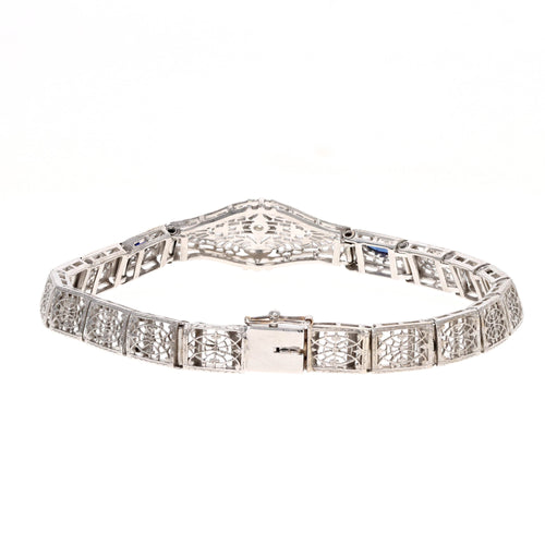 Art Deco 14K White Gold Diamond Synthetic Sapphire Bracelet - Queen May