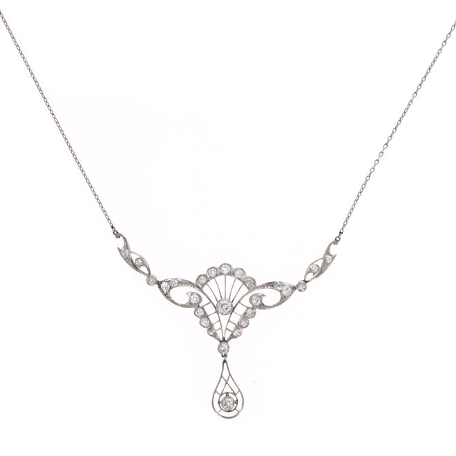 Edwardian Platinum 14K Yellow Gold 1.20 Carat Total Weight Old European Diamond Pendant Necklace - Queen May