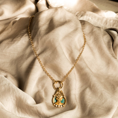 18K Yellow Gold Plique a Jour Art Nouveau Style Diamond Pendant on 14K Rolo Chain with Locking O Ring - Queen May