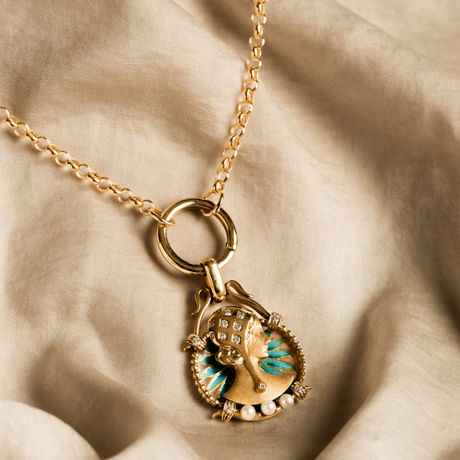 18K Yellow Gold Plique a Jour Art Nouveau Style Diamond Pendant on 14K Rolo Chain with Locking O Ring - Queen May