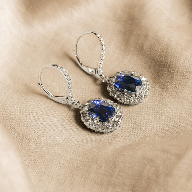 5 Carat Total Weight Natural Sapphire Diamond Halo Drop Earrings in 18K White Gold - Queen May