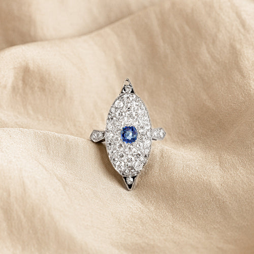 Art Deco Platinum 0.40 Carat Natural Sapphire Old European Diamond Ring - Queen May