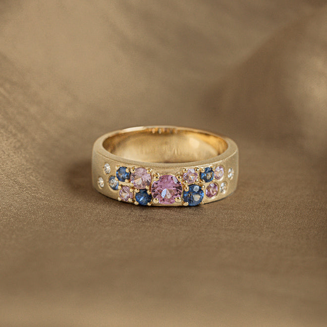 14K Yellow Gold Natural Blue and Pink Sapphire Diamond Brushed Band - Queen May