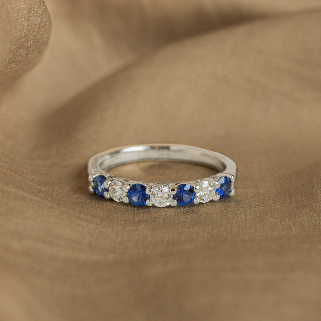 18K White Gold Round Natural Sapphire Diamond Band - Queen May