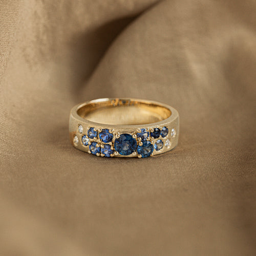 14K Yellow Gold Natural Blue Sapphire Diamond Brushed Band - Queen May