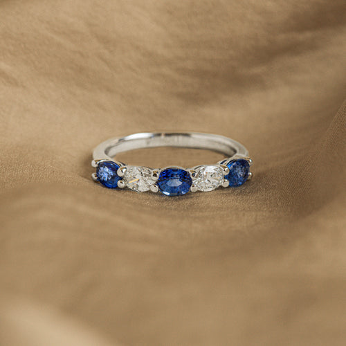 18K White Gold Oval Natural Sapphire Diamond Five Stone Band - Queen May