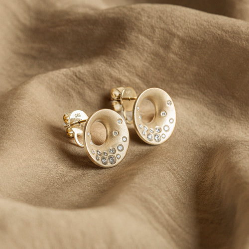 14K Brushed Gold Diamond Celestial Stud Earrings - Queen May
