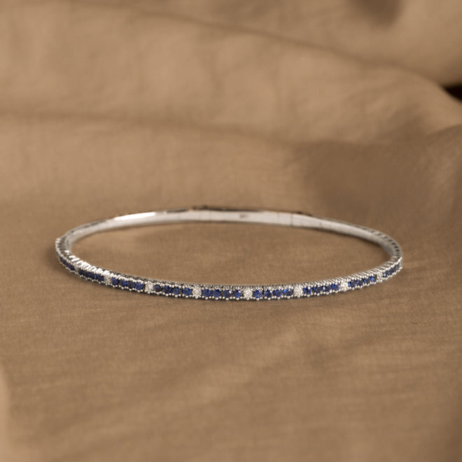 14K White Gold Natural Sapphire Diamond Flexible Bangle - Queen May